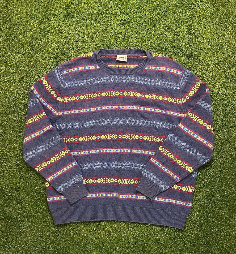 Vintage 1990s Le Tigre Men's Blue Geometric Fair Isle Crew Neck Sweater Size XXL